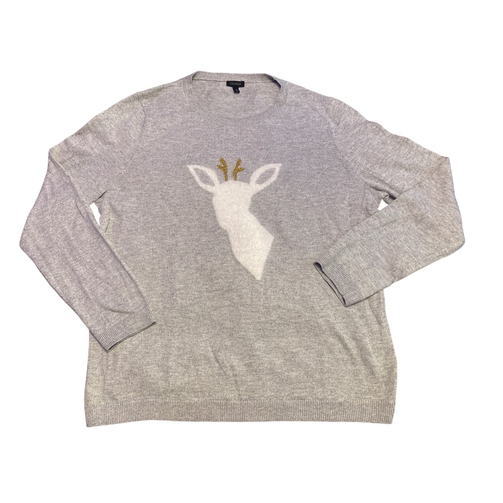 Talbots Womens Gray Reindeer Christmas Holiday Sweater Size XL